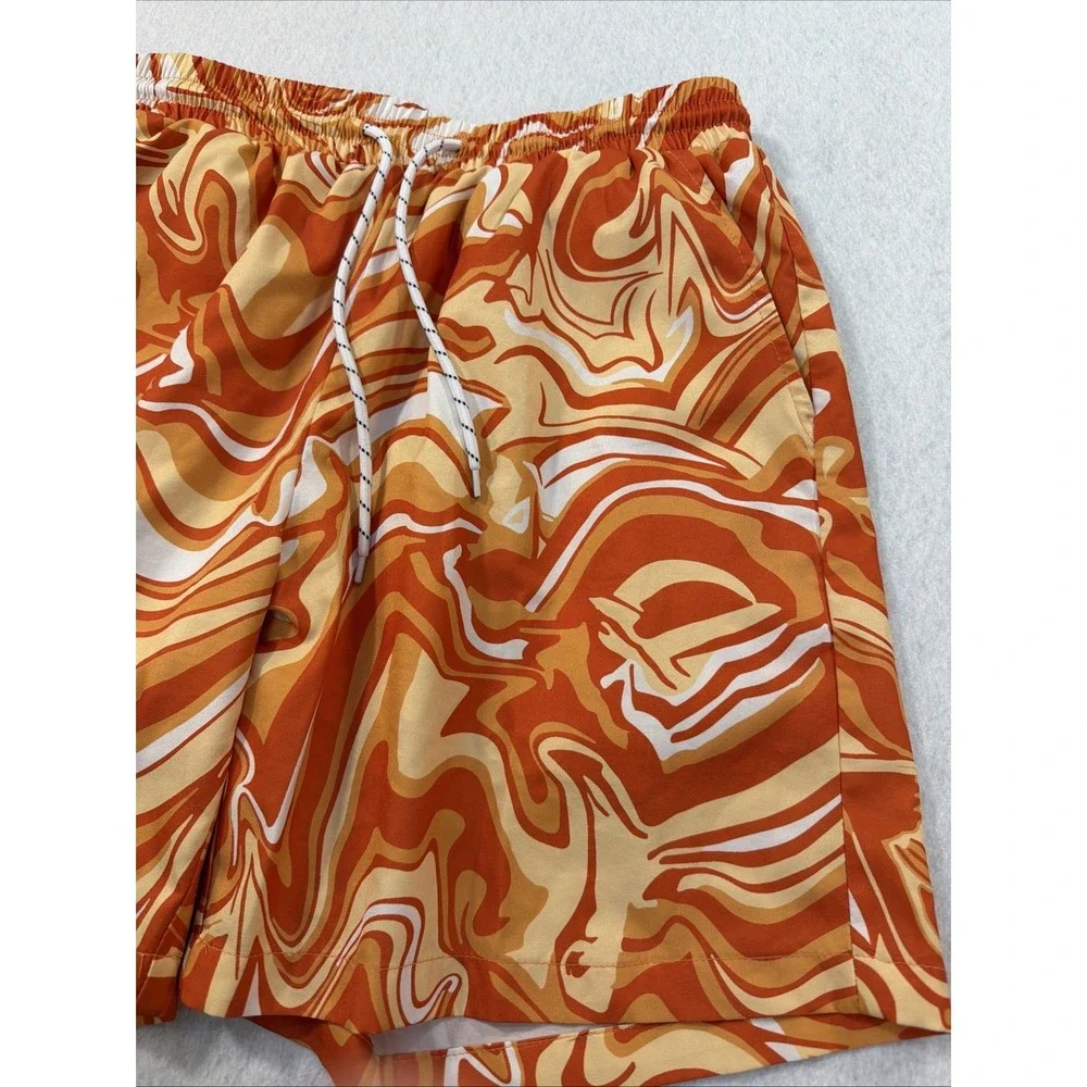 Men Orange White Swirl Shorts  Trunks Size S Regular Solid Elastic Waist Pull-On